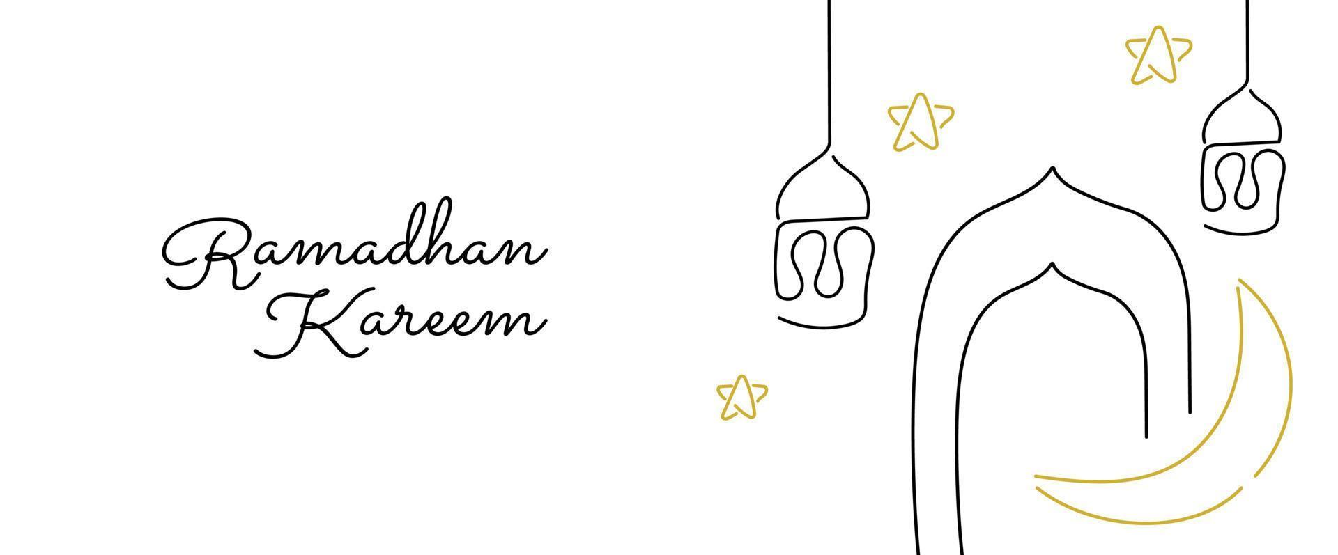 Ramadhan kareem and happy moslem day greeting card banner template moslem holiday vector line art doodle mosque with lettering elegant design
