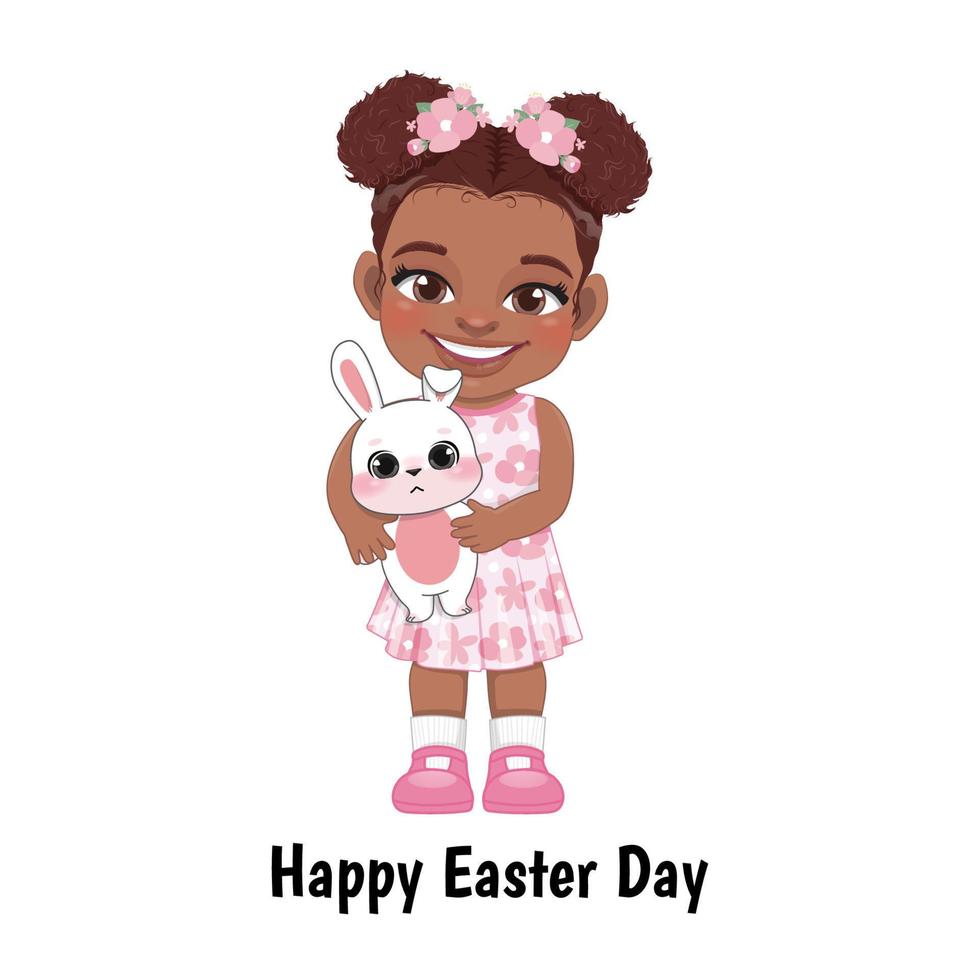 Happy Easter Day with Black Girl Holding Bunny Cartoon Character vector