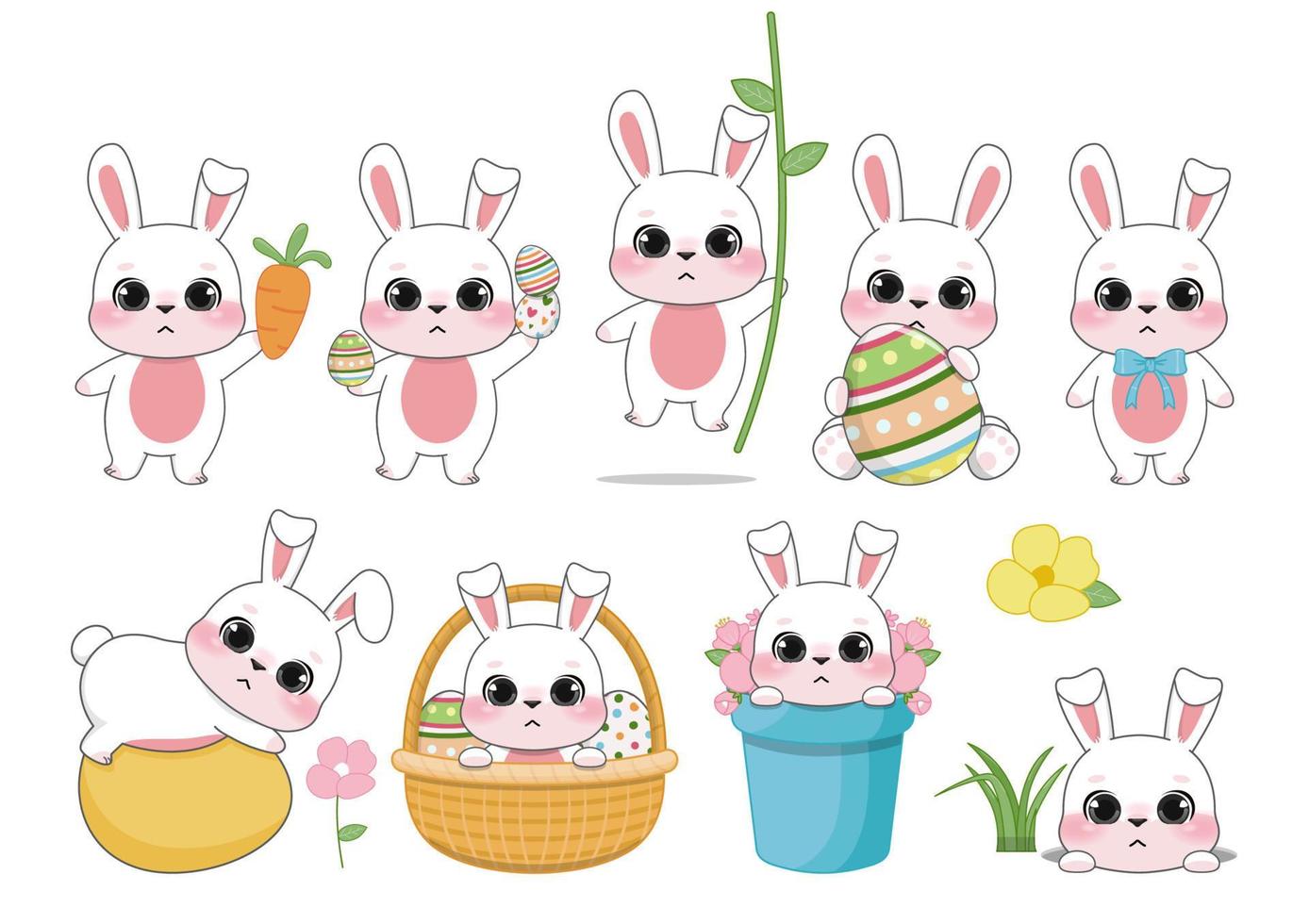 Happy Easter Day with Set of cute rabbits. Cute Bunny holding easter eggs, sitting in easter eggs basket and sitting in spring flower pot cartoon characters, vector illustration, flat design