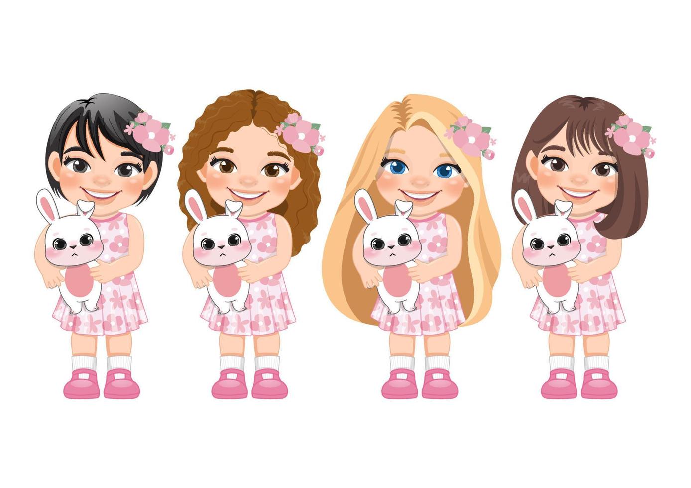 Happy Easter Day with Cute Girls Holding Bunny Cartoon Character vector