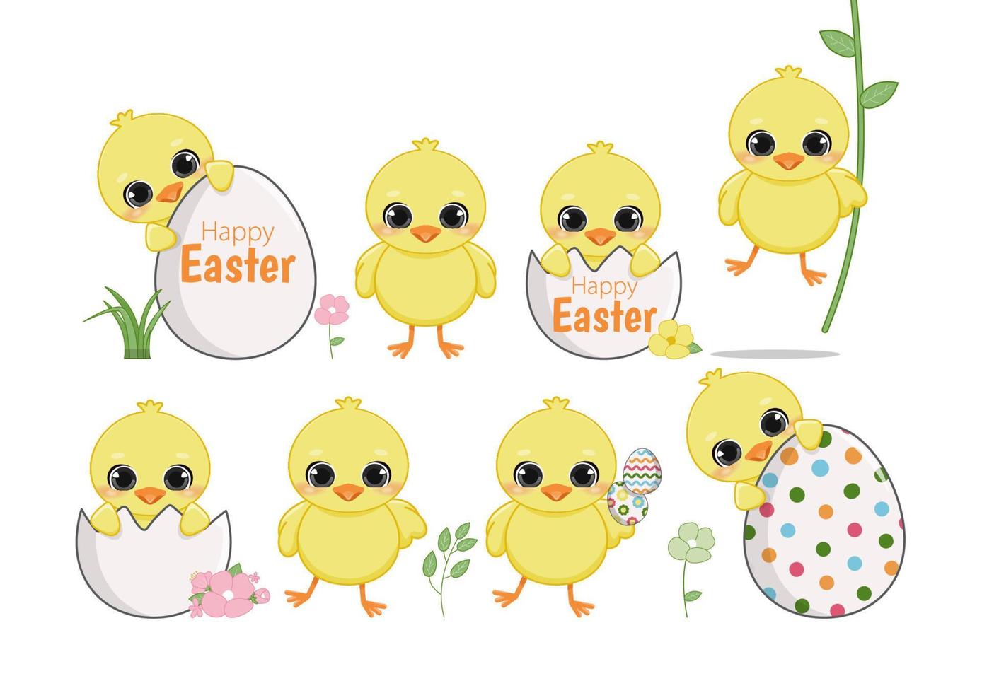 contento Pascua de Resurrección día con conjunto de linda pollitos gracioso amarillo pollo en agrietado huevos y huevos caparazón, dibujos animados caracteres, vector ilustración, plano diseño