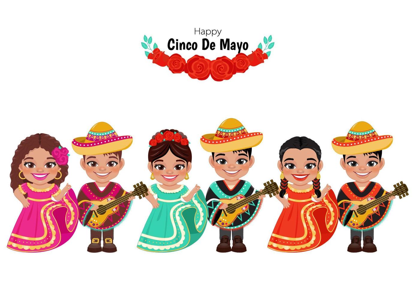 Cinco de Mayo in May 5 federal holiday in Mexico with Cartoon boys and girls in different mexican outfits for celebrating cinco de mayo event card template vector