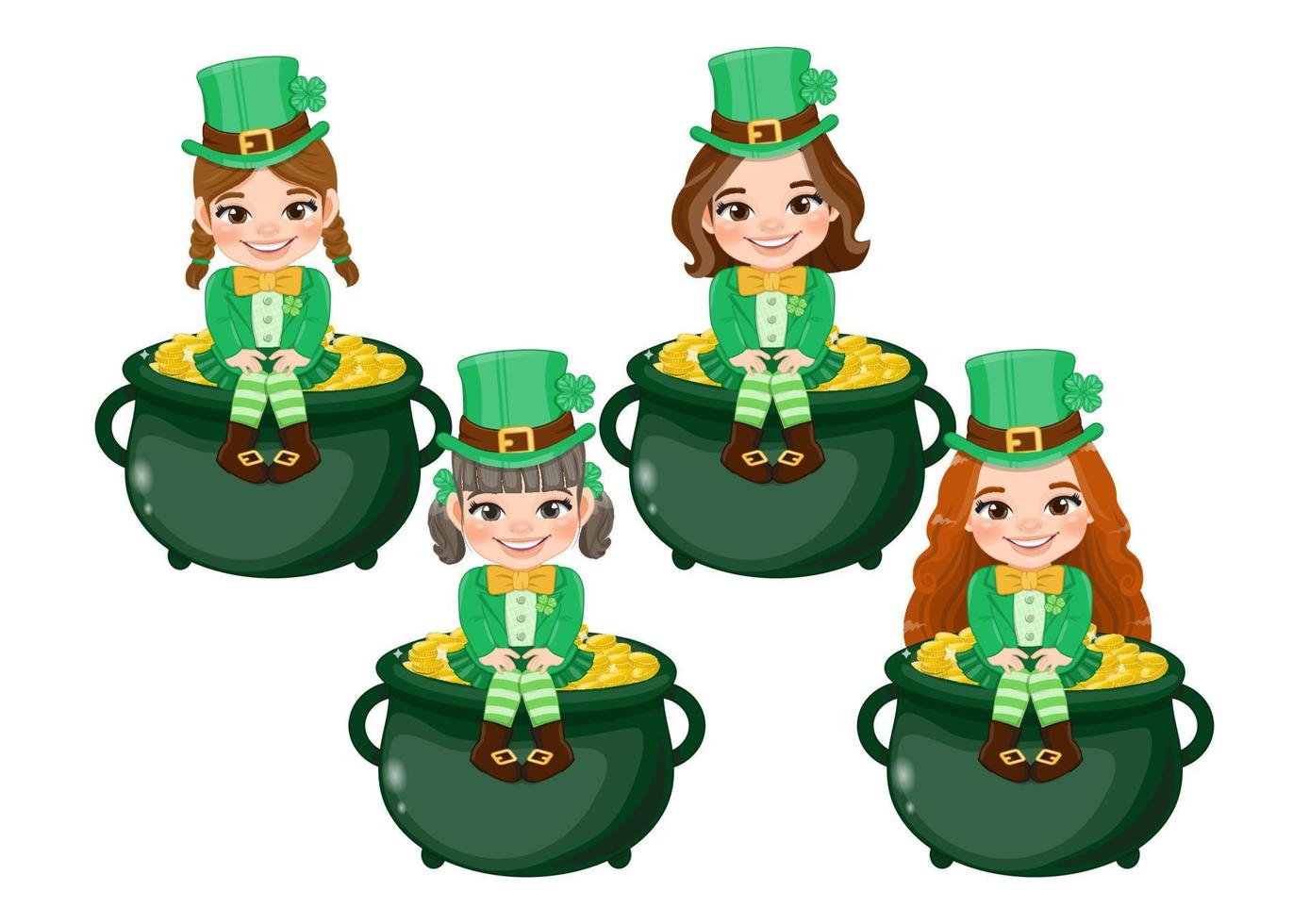 S t. Patricio s día con muchachas en irlandesa disfraces niña sentado en maceta de oro dibujos animados personaje diseño vector