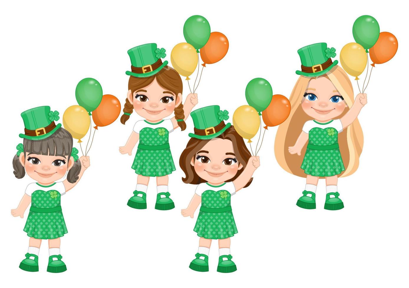 S t. Patricio s día con muchachas en irlandesa disfraces niña participación globo irlandesa color dibujos animados personaje diseño vector