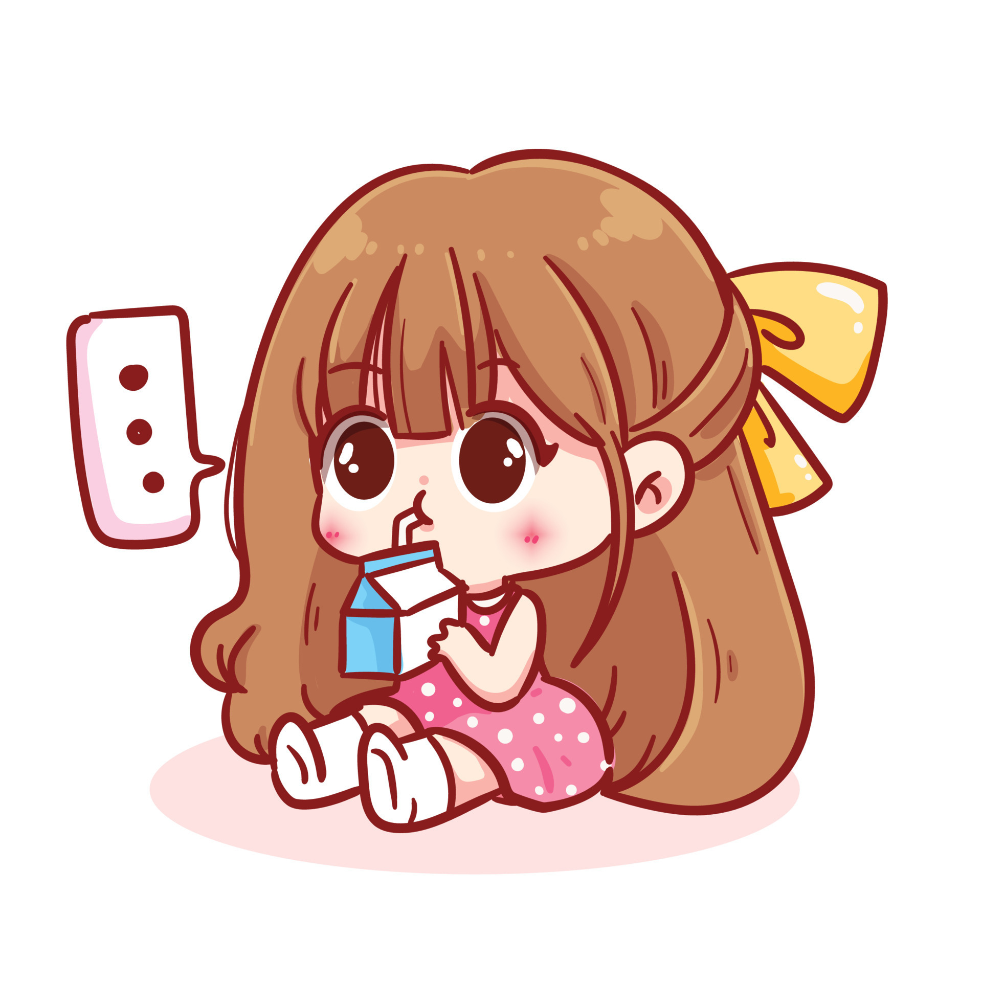 Cute girl sitting and drinking milk cartoon character hand draw art