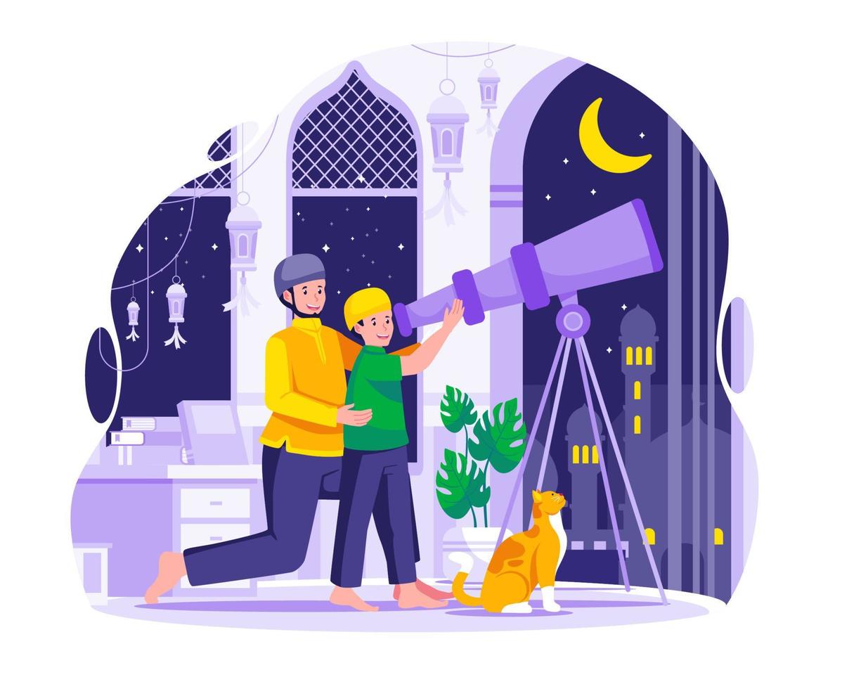 The father and his son are looking at the sky with a telescope for the new moon or hilal that signals the start of the Holy month of Ramadan. Looking for a hilal or Crescent moon concept illustration vector