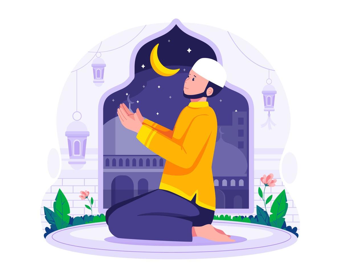 Muslim Man is praying hand in the mosque. Muslim people perform the Taraweeh prayer during Ramadan illustration vector