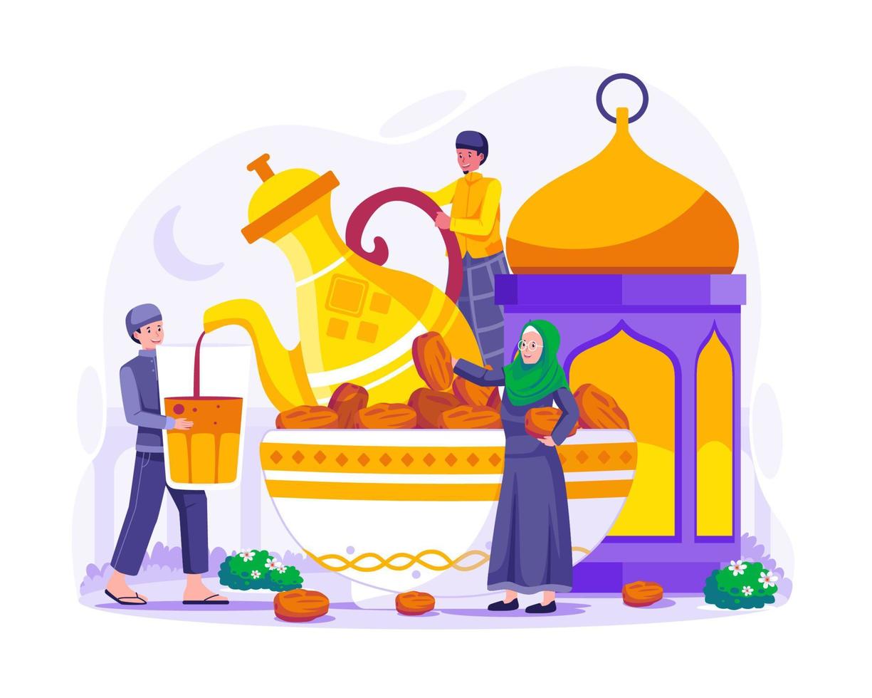 musulmán personas son descanso iftar fiesta después rápido durante Ramadán. dulce fechas en un bol, islámico linterna y Arábica café taza. Ramadán kareem ilustración vector