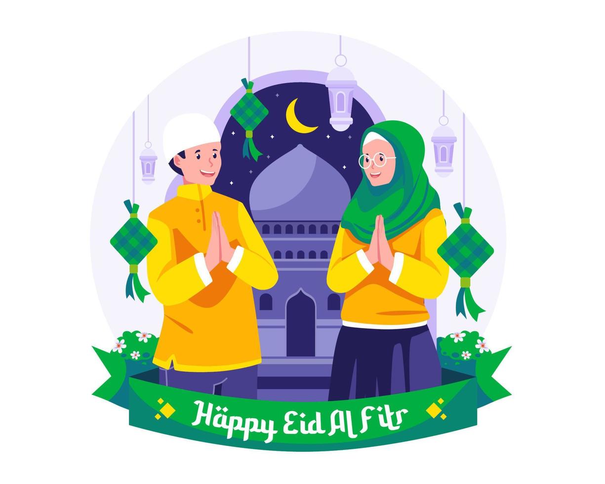 contento eid Mubarak con un musulmán hombre y un mujer saludo cada otro y disculparse en eid Alabama -fitr. vector ilustración en plano estilo