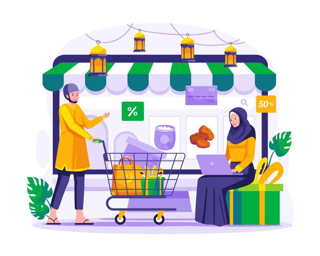 musulmán personas son compras en línea mediante sitios web en un gigante escritorio. un mujer sentado con su ordenador portátil y un hombre es participación un carretilla. Ramadán rebaja y compras concepto ilustración vector