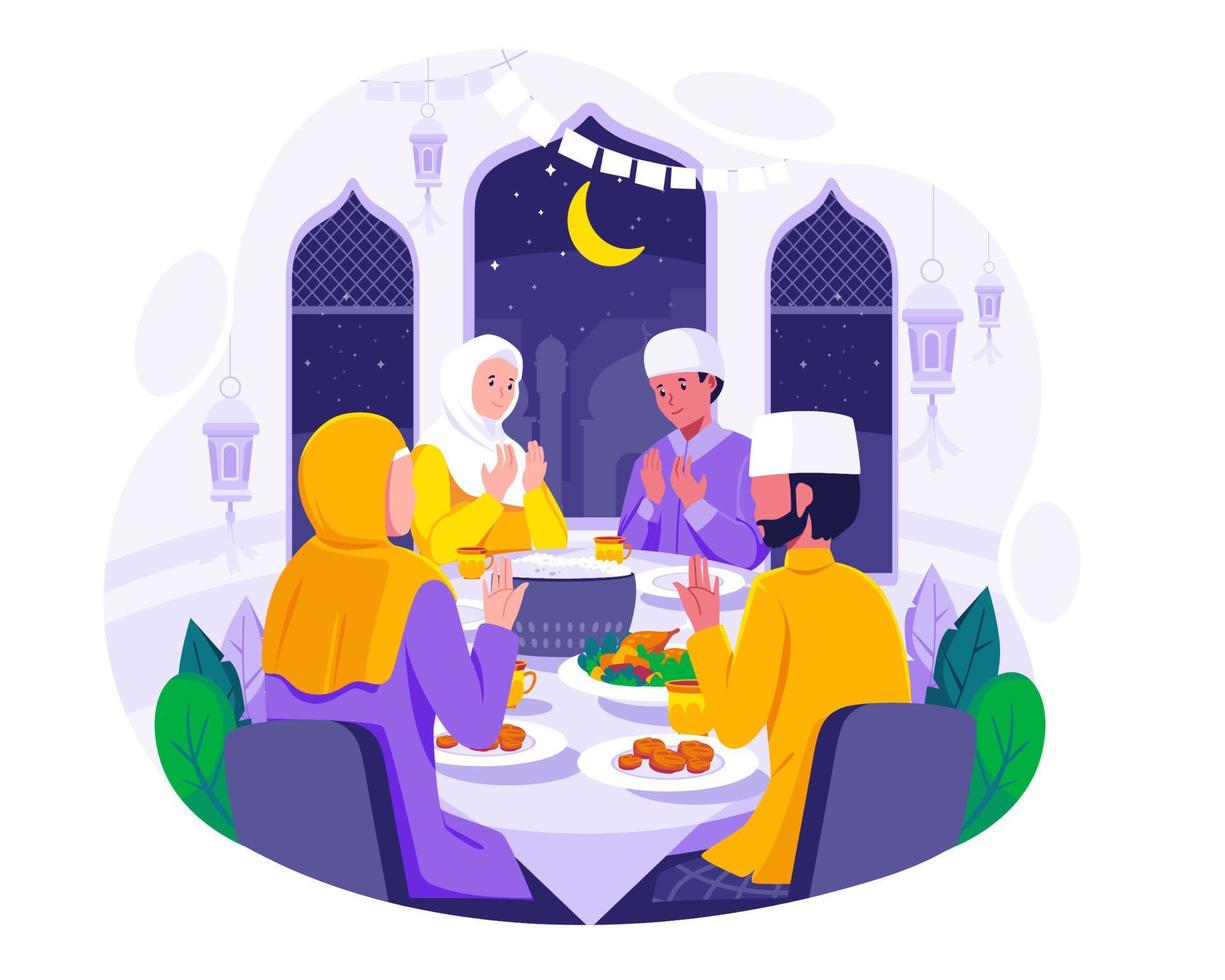 A Muslim Family praying before having iftar to break fasting during Ramadan. Food and dates on the table. Ramadan concept illustration vector