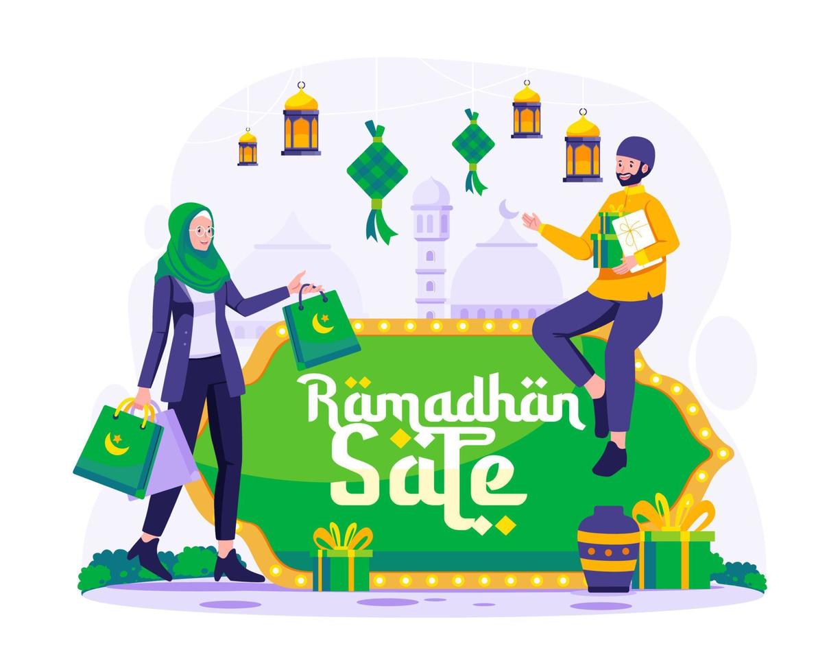 musulmán personas compras en Ramadán venta. Ramadán kareem y eid Mubarak comercio electrónico, en línea compras concepto vector ilustración