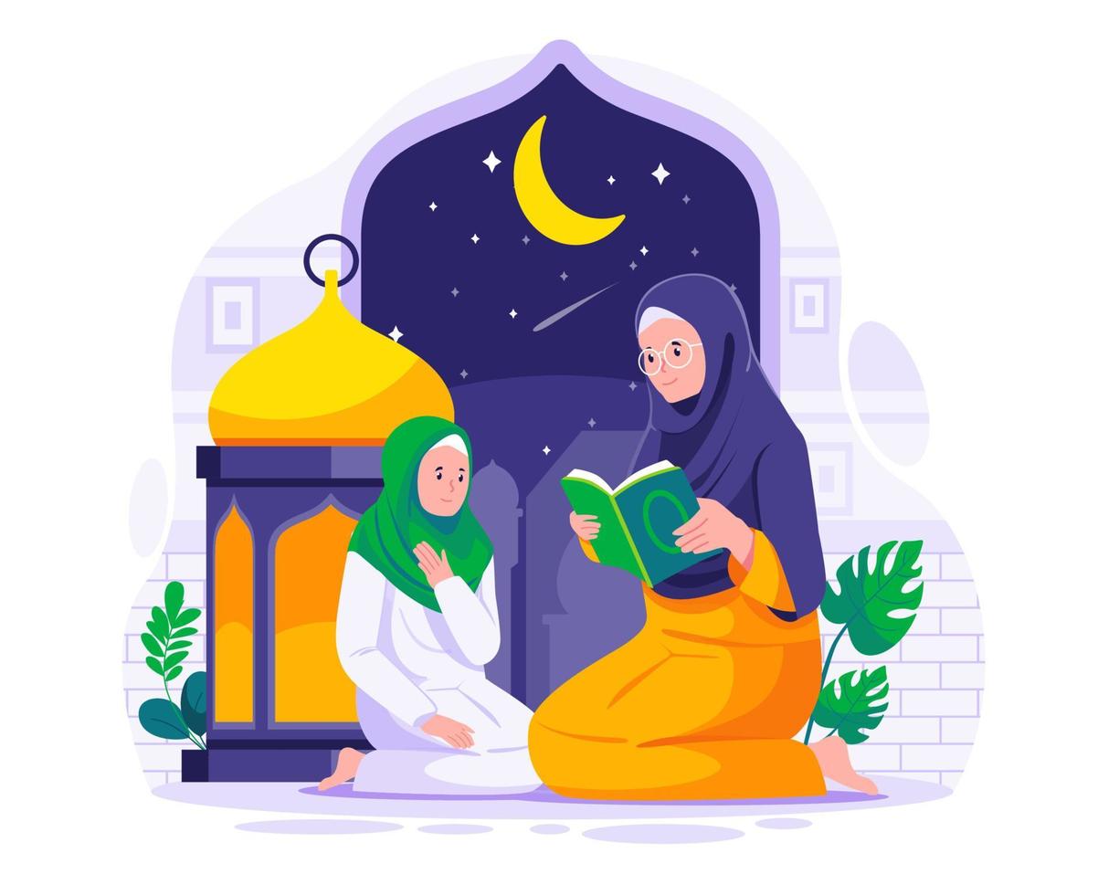 un musulmán madre enseña su hija a leer corán musulmán personas leer Corán en el santo mes de Ramadán. musulmán familia leer Corán en Ramadán concepto ilustración vector
