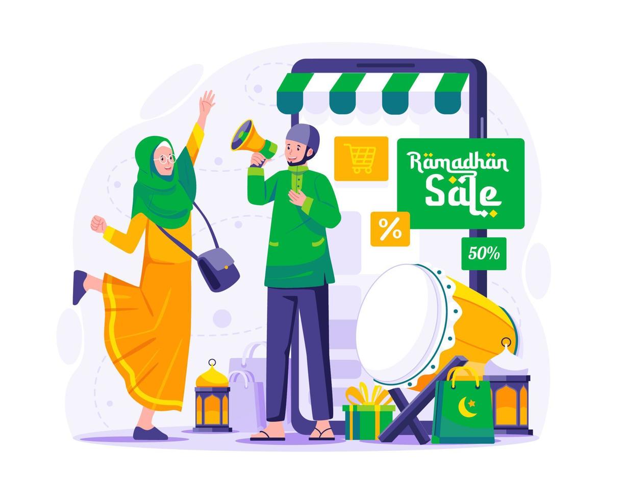 Ramadan Sale and Shopping illustration. A Muslim man is doing a promotion using a megaphone near a giant Smartphone. Ramadan Kareem and Eid Mubarak E-commerce concept vector illustration