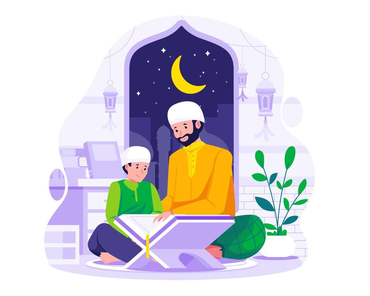 A Muslim father teaches his son to read Quran. Muslim people read Quran in the holy month of Ramadan. Muslim Family read Koran on Ramadan concept illustration vector