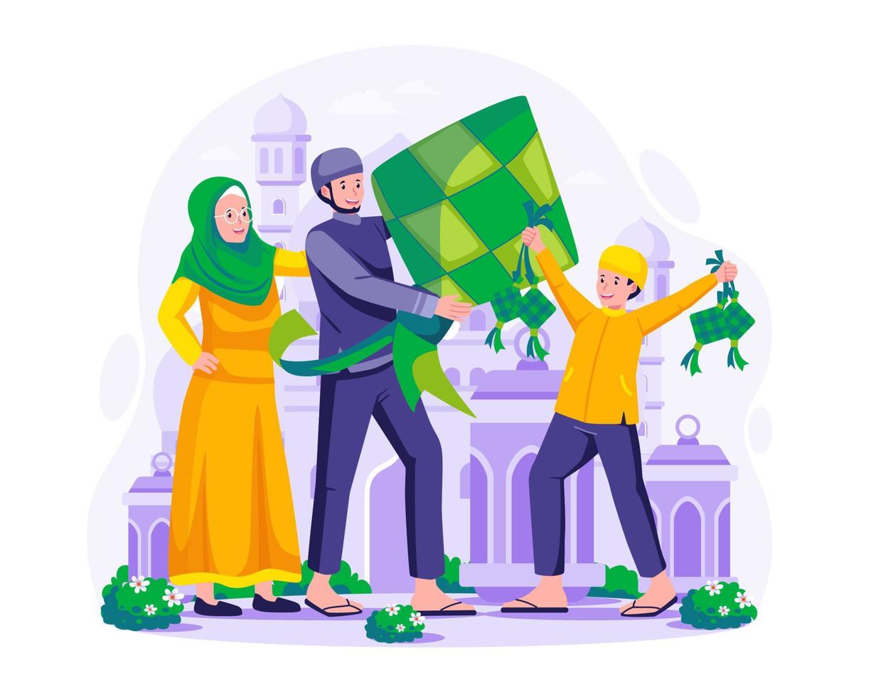 Happy Ramadan Kareem and Happy Eid Mubarak. A Muslim Family is holding a large Ketupat. Ramadan traditional food is packed rice or Ketupat. Vector illustration in flat style