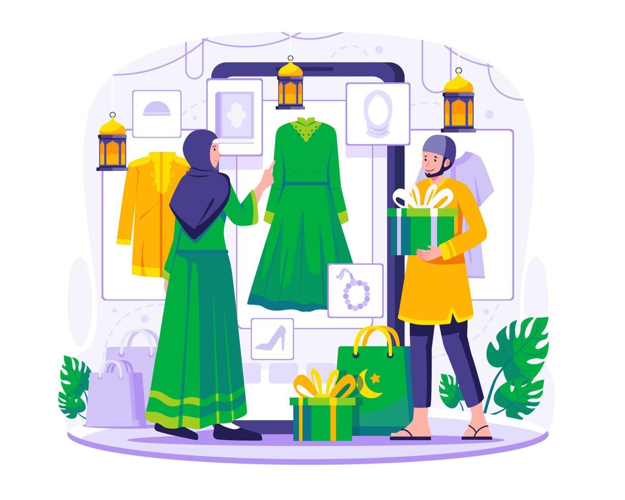 Muslim people are shopping online through big a smartphone. A woman is choosing Muslim clothes in an online store. Ramadan Sale and Shopping concept illustration vector