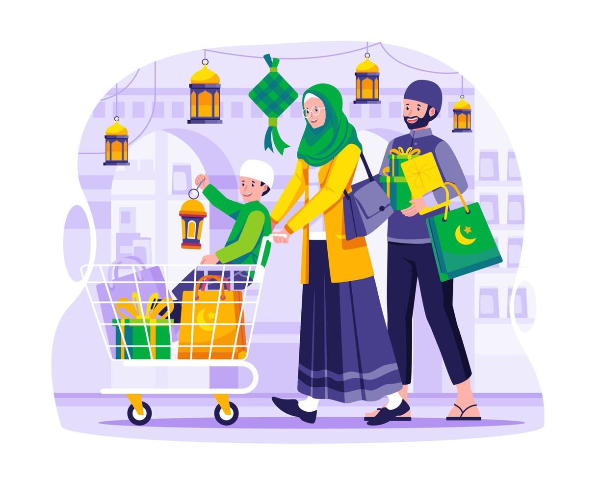 A Muslim Family is shopping in the grocery market store. a mother is holding a trolley with her son in it and a father is carrying gifts and groceries. Ramadan Sale and Shopping concept illustration vector