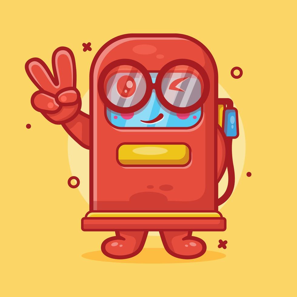 funny gasoline pump character mascot with peace sign hand gesture isolated cartoon in flat style design vector