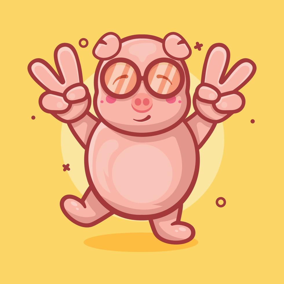 cute pig animal character mascot with peace sign hand gesture isolated cartoon in flat style design vector