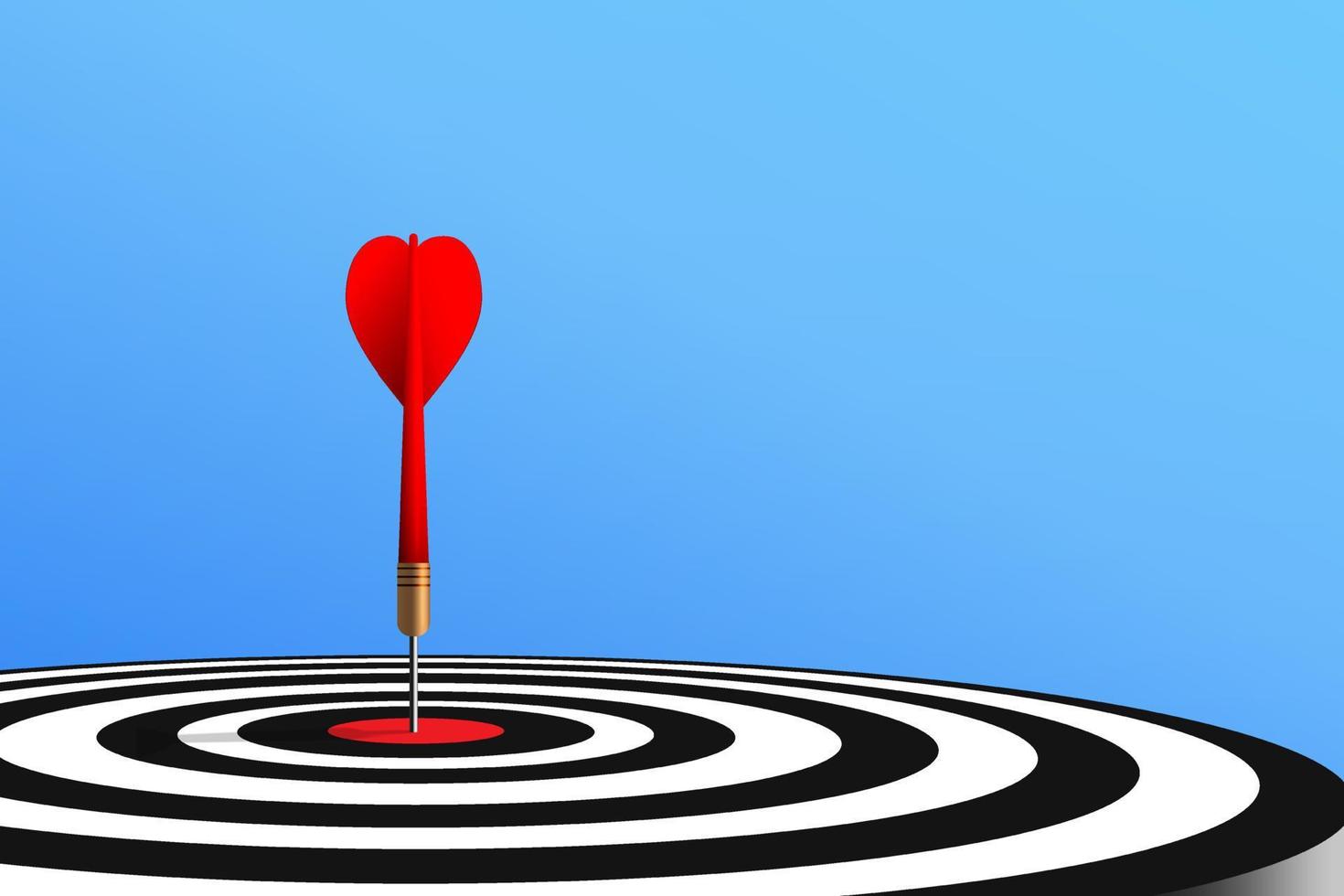 Red dart hit to center of dartboard with blue gradient background. Arrow on bullseye in target. Business success, investment goal, opportunity challenge, aim strategy, achievement focus concept. vector