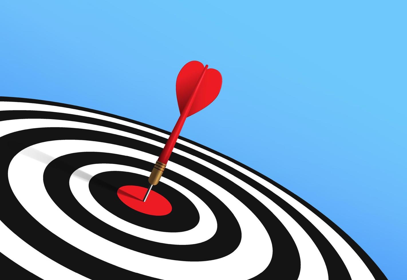 Red dart hit to center of tilt angle dartboard with blue gradient background. Arrow on bullseye in target. Business success, invest goal, opportunity challenge, strategy, achievement focus concept. vector