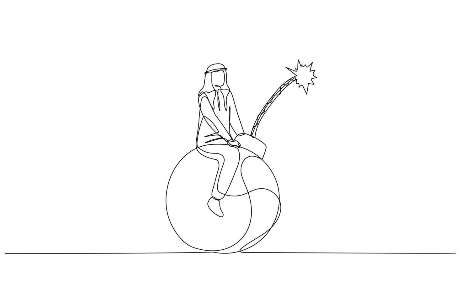 Drawing of arab businessman riding round object that can explode. metaphor for risk. Single line art style vector