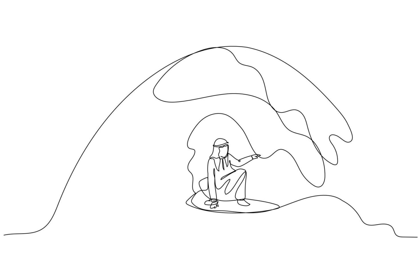 Drawing of arab businessman using surfboard. metaphor for moving forward with trend. Single line art style vector