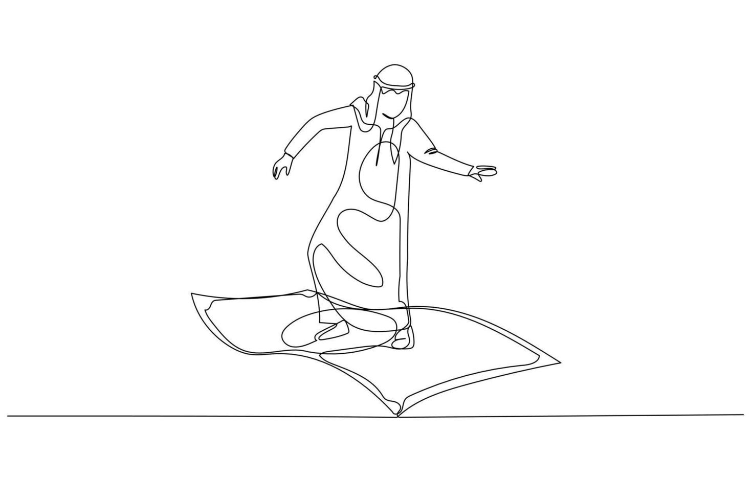Drawing of arab businessman riding flying money. metaphor for profit. Single line art style vector