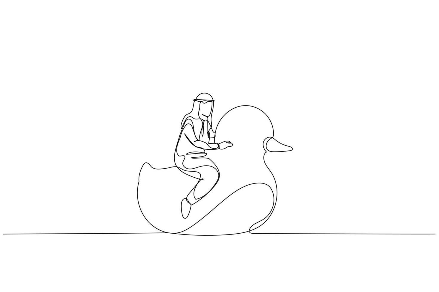 Drawing of arab businessman riding rubber duck. metaphor for vacation. Single continuous line art style vector