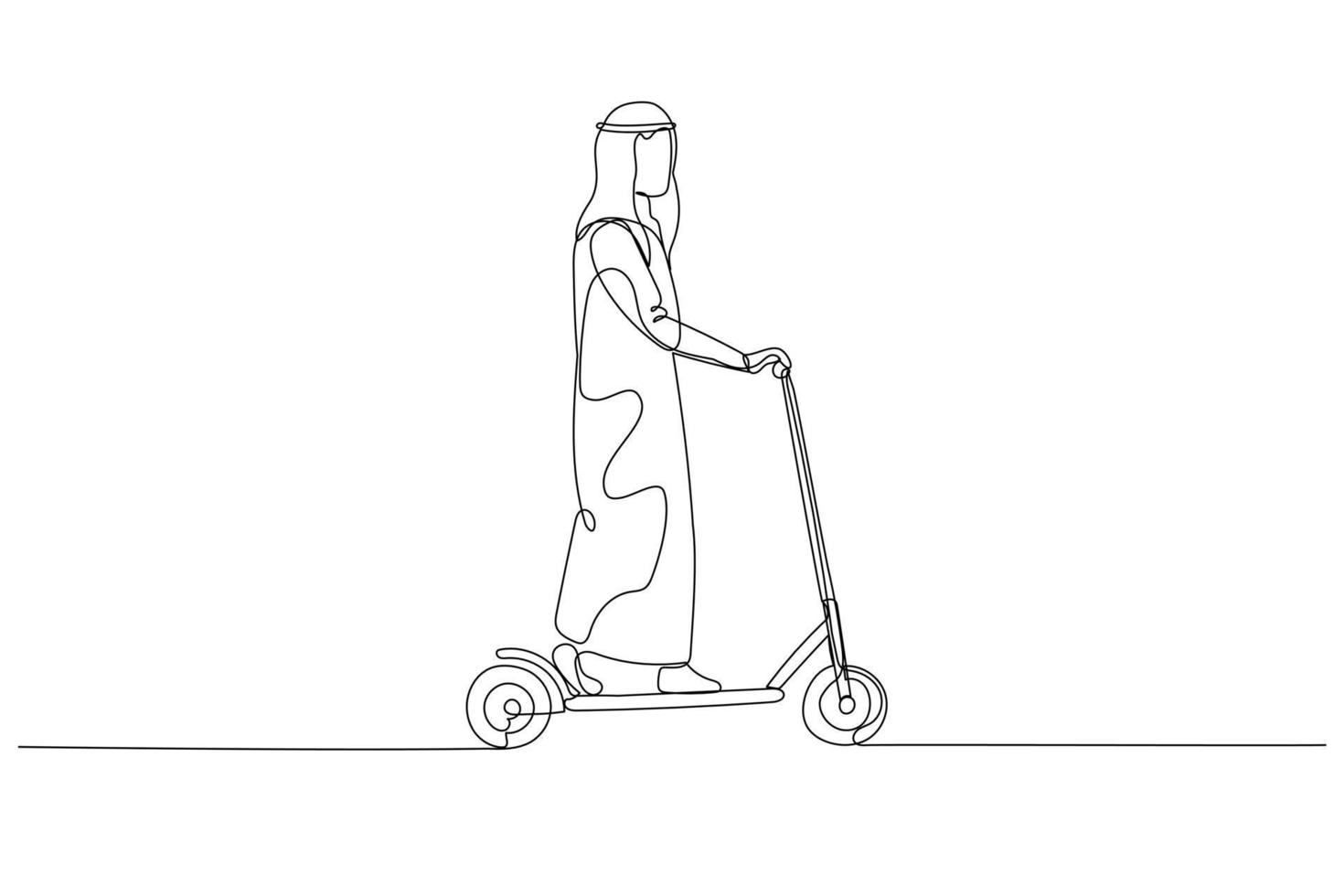 Cartoon of arab businessman riding scooter. metaphor for eco friendly transportation. One line art style vector