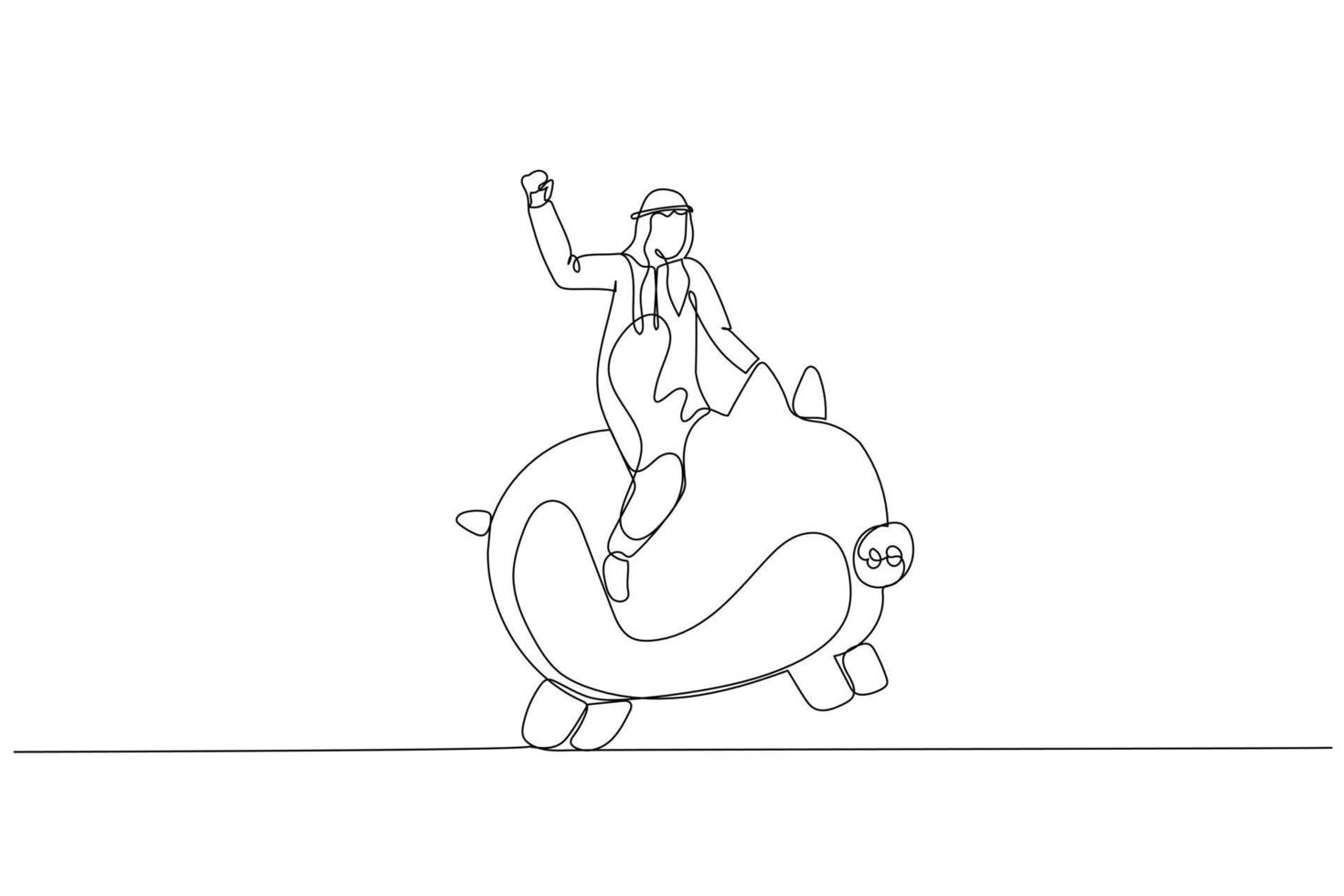 Illustration of arab businessman riding piggy bank. metaphor for investment and saving. Single line art style vector