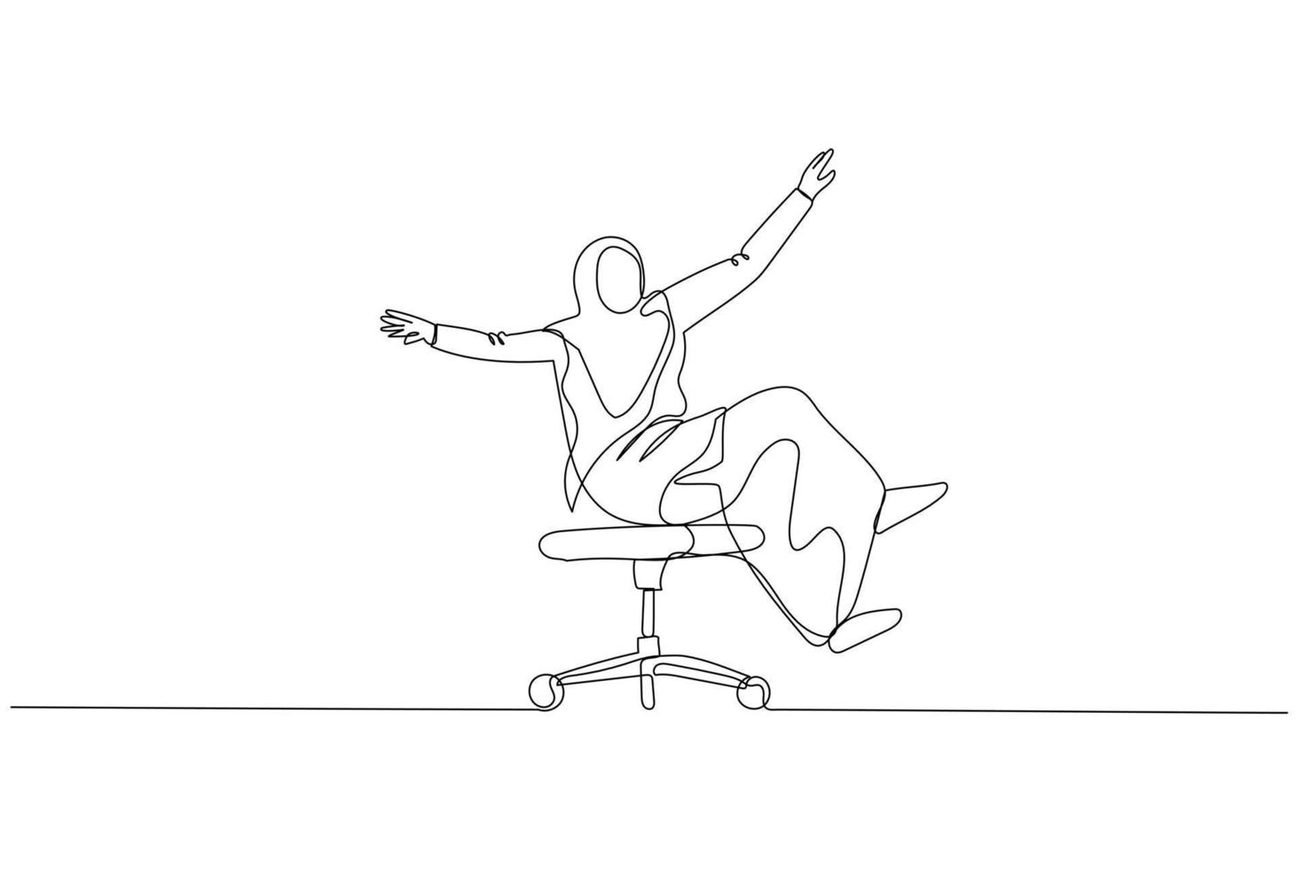 Drawing of muslim woman sitting on uncontrollable chair. metaphor for work depression. One line style art vector