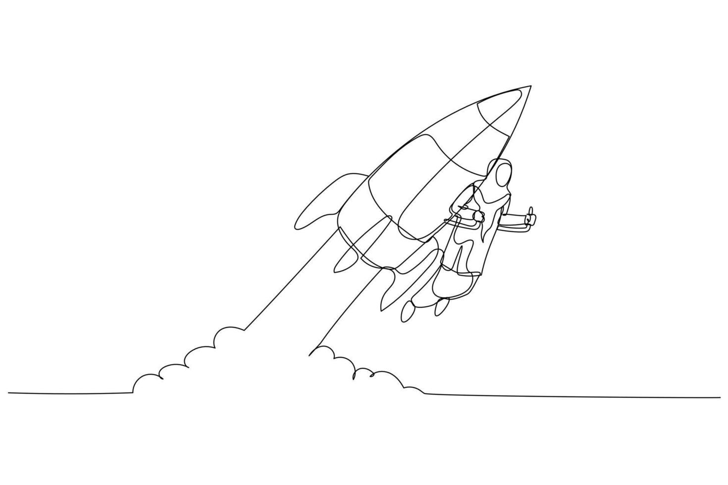 Drawing of muslim woman using rocket going to the moon. metaphor for project start up. Single line art style vector