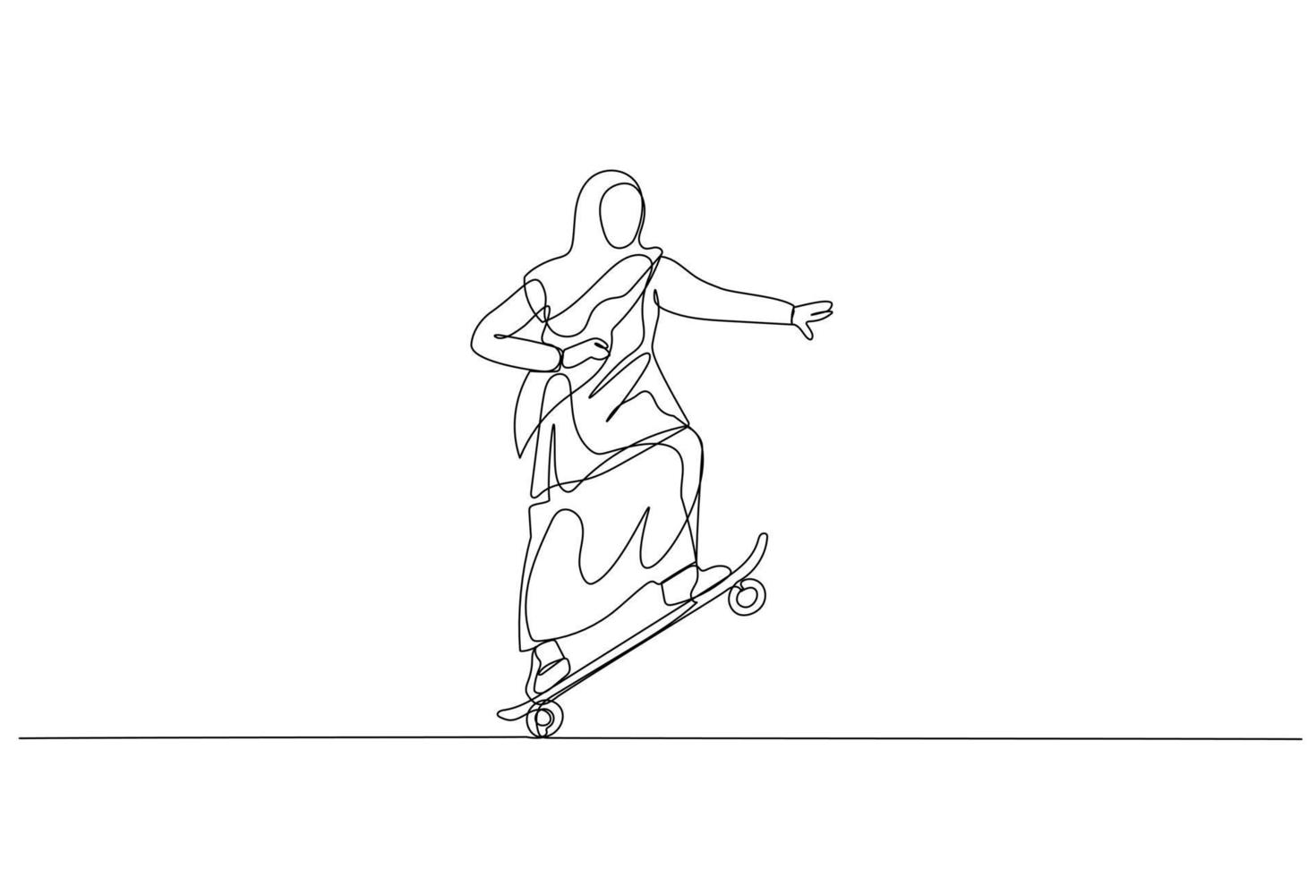 Drawing of muslim woman stand and moving with skateboard. metaphor for business style. One continuous line art style vector