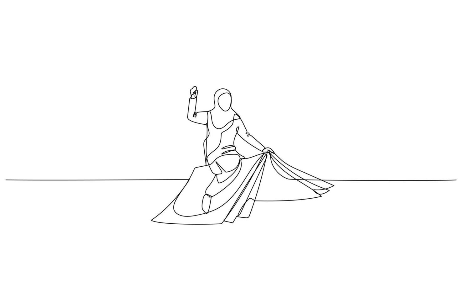 Drawing of muslim woman using flying book. metaphor for knowledge and education. Single line art style vector