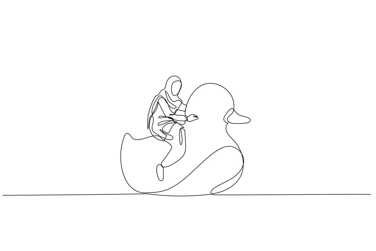Cartoon of muslim woman riding rubber duck. metaphor for vacation. One line art style vector