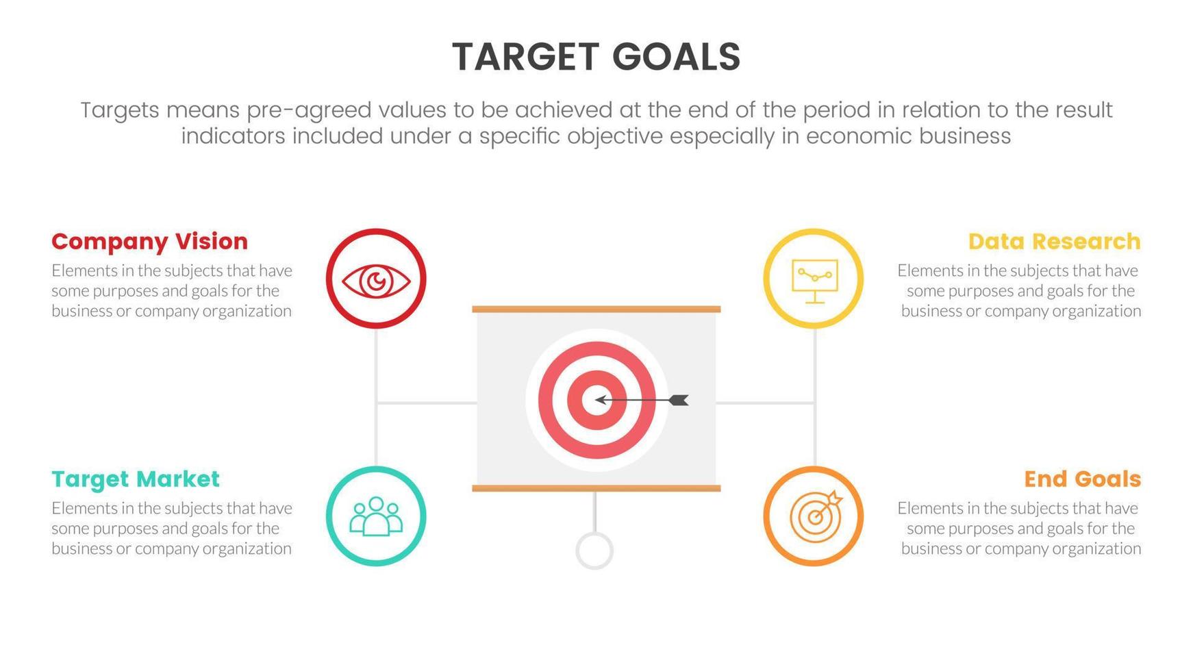 metas o objetivo infografía con circulo simétrico punto lista concepto para diapositiva presentación modelo vector