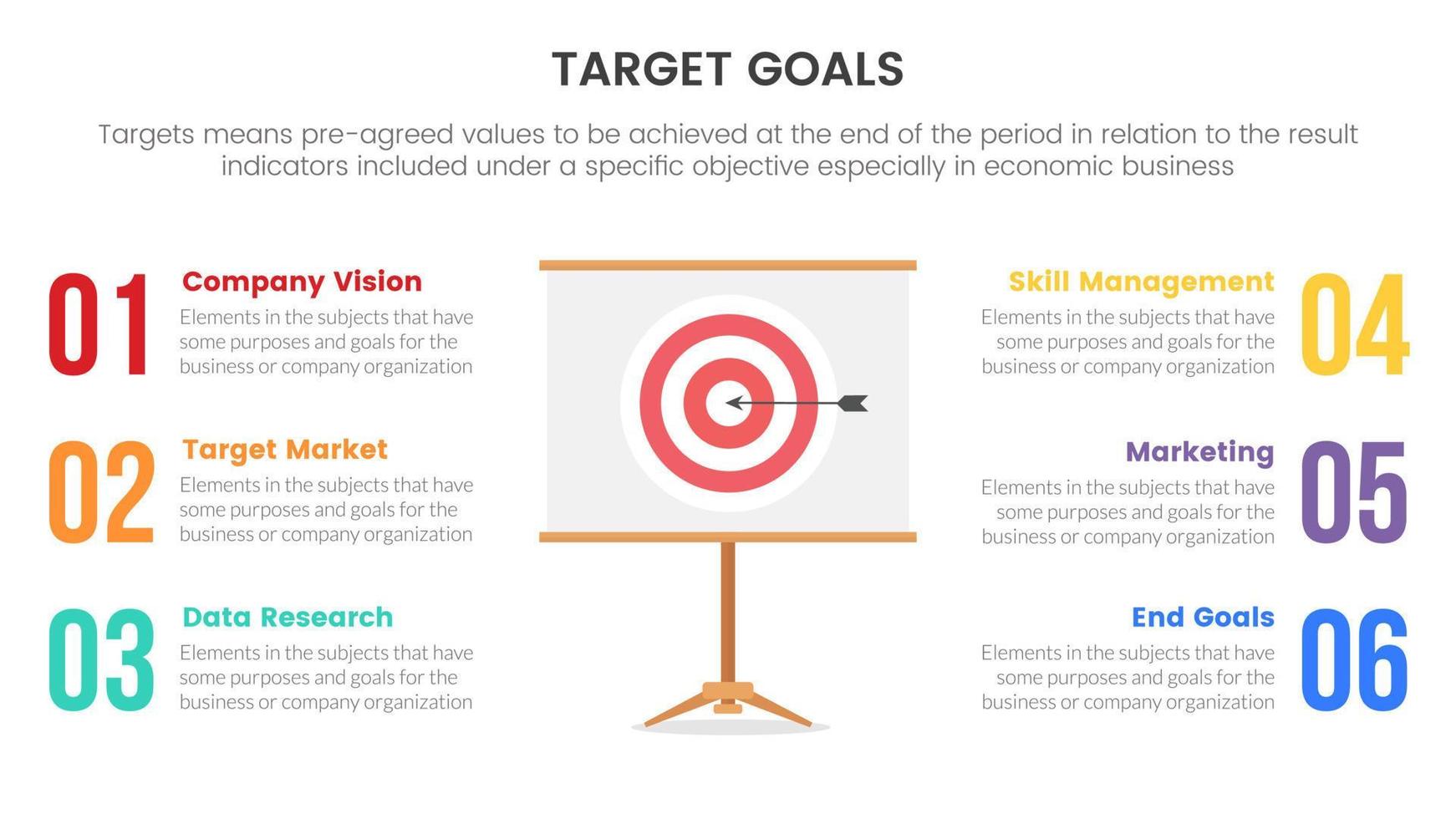 goals or target infographic with 6 point list balanced concept for slide presentation template vector