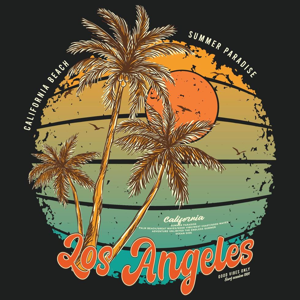 Good Vibes Summer vector Palm tree, sunset, sunrise, surfboard, vector graphic print design. Summer paradise Vibes Great Waves. Summer vibes tropical graphic print design. Surfing paradise.
