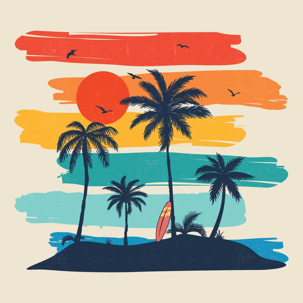 sunshine beach, summer beach sunshine vector print design artwork,. Vintage Retro Style Beach Surfer Summer Paradise. vector Palm tree, sunset, sunrise, surfboard, vector graphic print design.