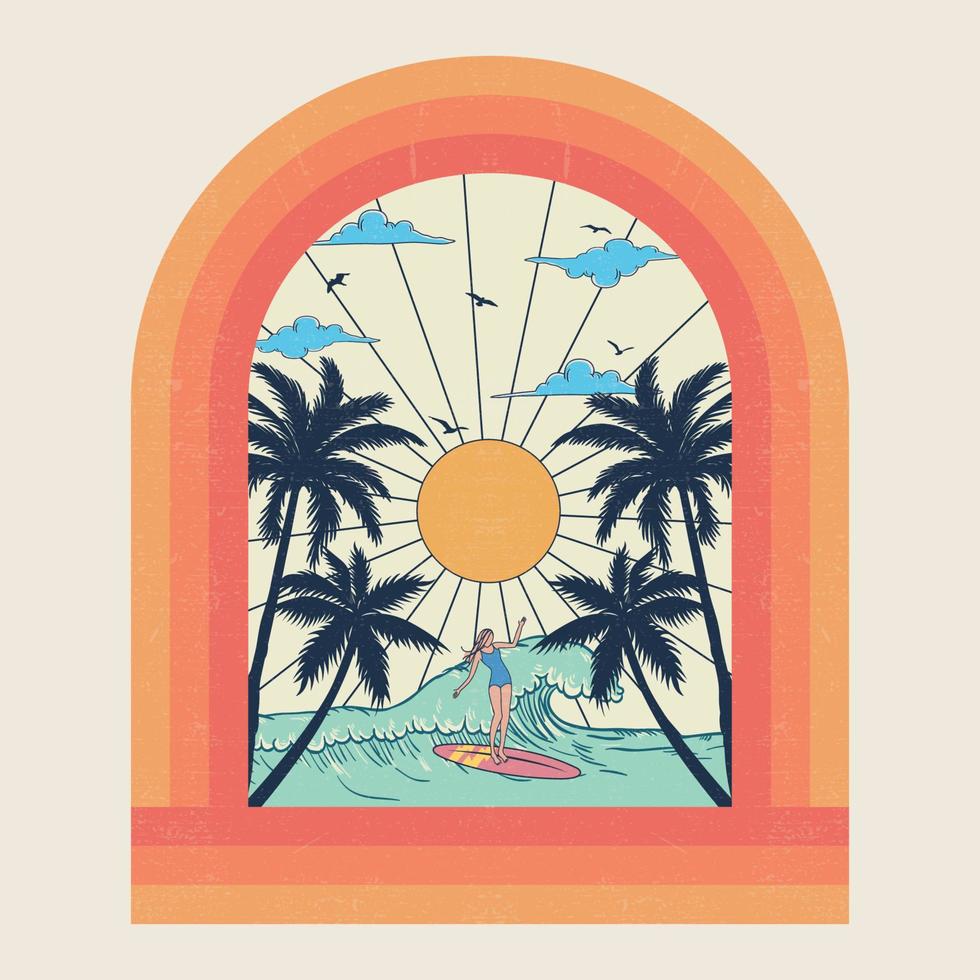 Girl surfing at beach. Summer vibes tropical graphic print design. Rector vector Palm tree, sunset, sunrise, surfboard, vector graphic print design.