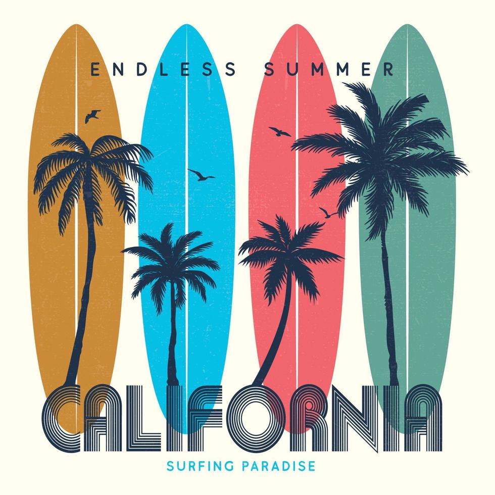 California Surfing Paradise Endless summer . sunshine beach, summer beach sunshine vector print design artwork. each vibes t-shirt artwork. Palm tree, chare graphic print design. surfboard Summer.