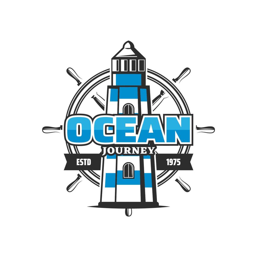 Ocean journey icon, lighthouse and steering wheel vector