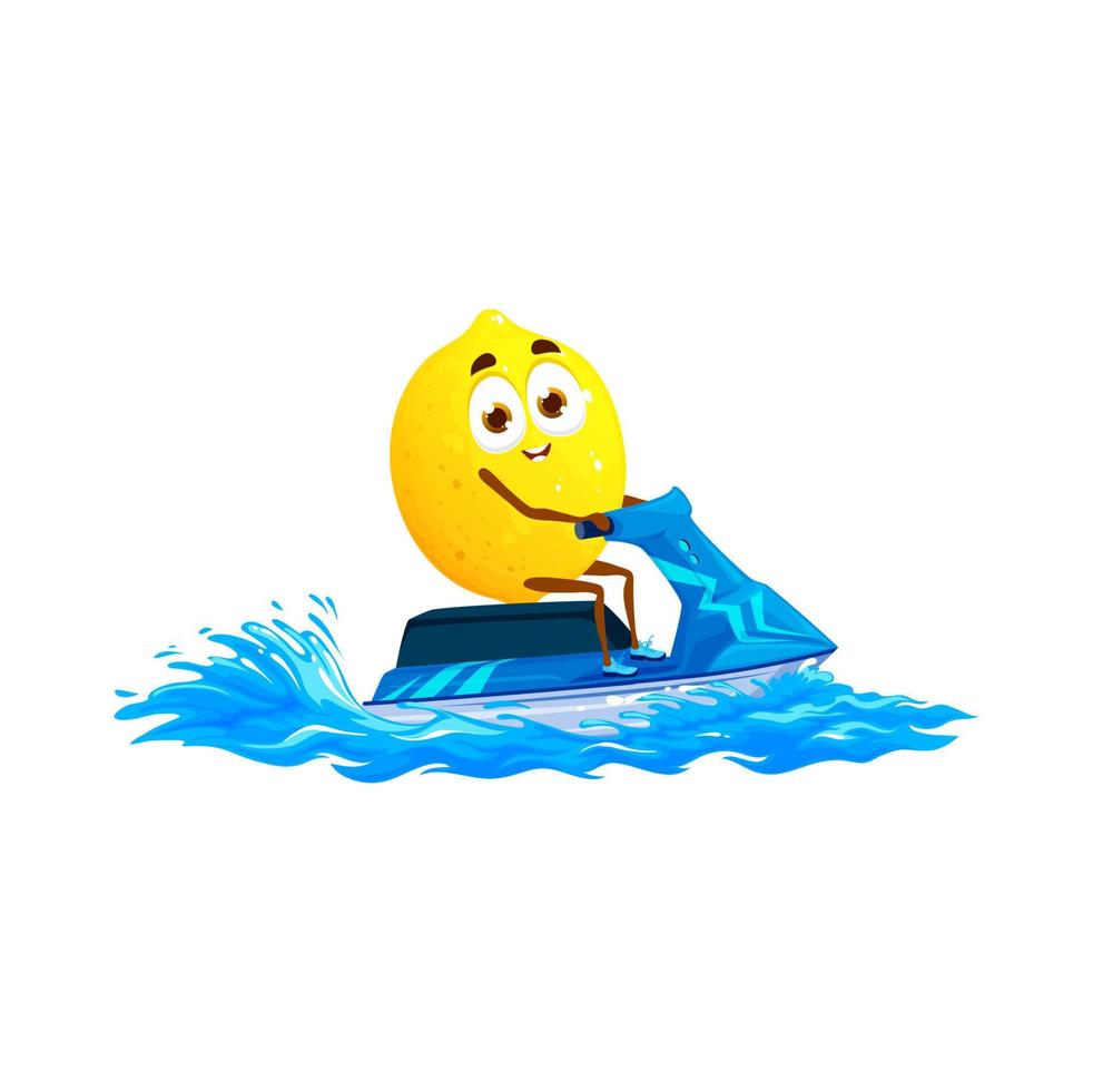 Cartoon lemon character on jet ski, funny citrus vector