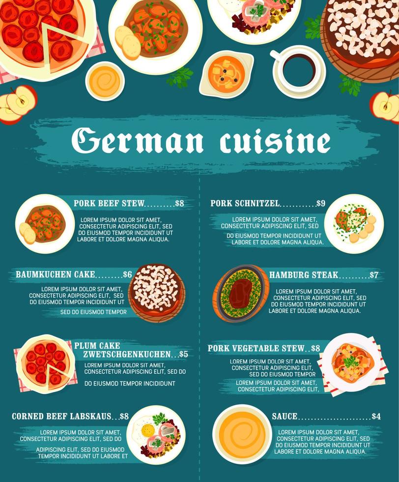German cuisine restaurant food menu vector page