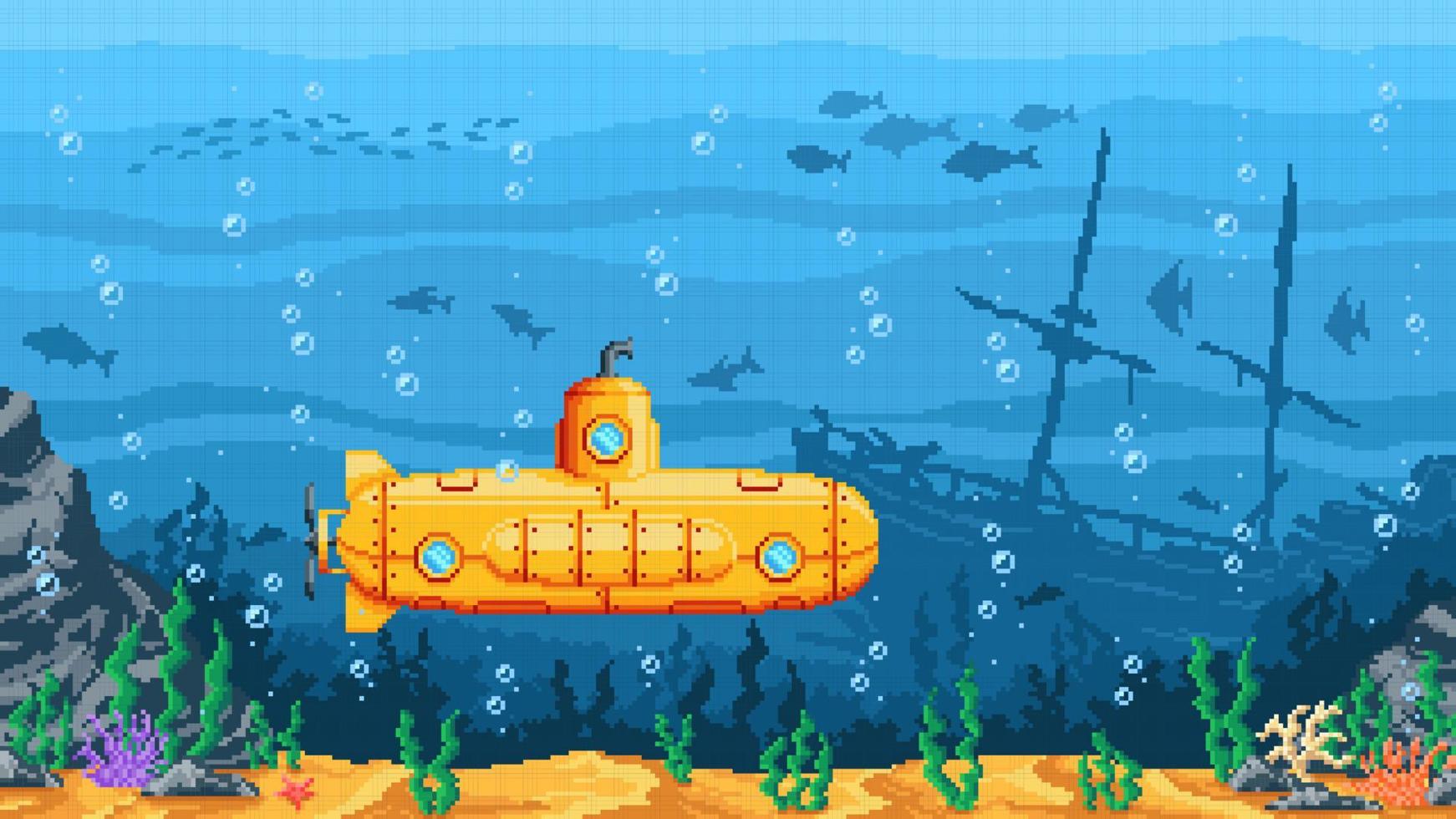 Pixel game submarine, underwater vector landscape