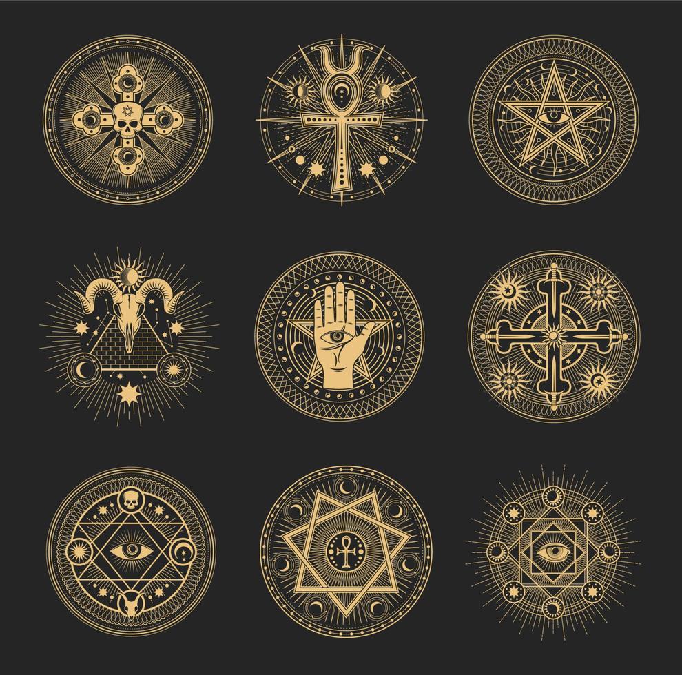 Mason signs, occult and esoteric pentagram symbols vector