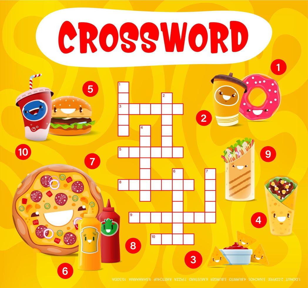Crossword quiz game grid, funny cartoon fast food vector