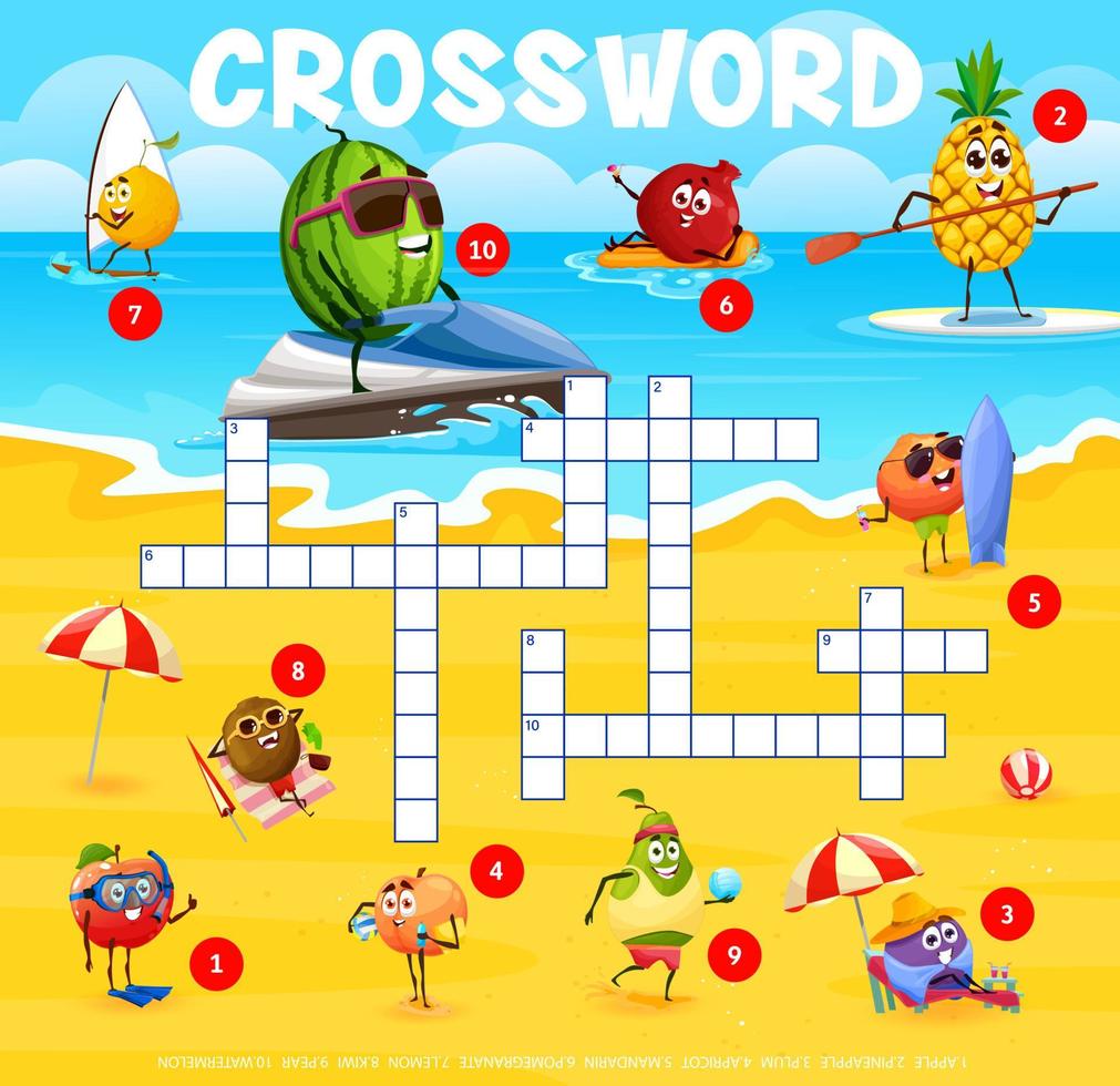 Crossword grid with fruits characters on sea beach vector